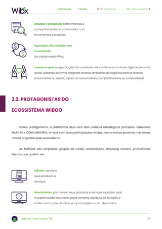 24
sumárionavegação:
wibx white paper versão 1.0.
estudos e pesquisas sobre marcas e
comportamento do consumidor com
ferramentas exclusivas;
aquisição, distribuição, uso
e conversão
da criptomoeda Wibx;
suporte e apoio a organizações da sociedade civil com foco em inclusão digital e de cunho
social, utilizando de forma integrada diversos ambientes de negócios para as marcas
(anunciantes ou lojistas) e para os consumidores (compartilhadores ou compradores).
3.2. protagonistas do
ecossistema wiboo
Como protagonismo, a plataforma atua com dois públicos estratégicos principais nomeados
MARCAS e CONSUMIDORES, ambos com duas participações nítidas, dentre tantas possíveis, nas novas
rotinas propostas pelo ecossistema.
As MARCAS são empresas, grupos de varejo, associações, shopping centers, profissionais
liberais que podem ser:
lojistas: vendem
seus produtos e
serviços;
anunciantes: promovem seus produtos e serviços e podem usar
a criptomoeda Wibx tanto para comprar espaços de locação e
mídia como para distribuir em promoções ou em descontos.
4.0. modelo de negócio2.0. apresentação
 