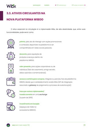 26
sumárionavegação:
wibx white paper versão 1.0.
3.3. ativos circulantes na
nova plataforma wiboo
O ativo essencial na circulação é a criptomoeda Wibx, de alta elasticidade, que, entre suas
funcionalidades, pode servir como:
prêmio, pelo ato de interagir com ações promocionais
e conteúdos disponíveis na plataforma e ser
compartilhada em redes sociais pessoais;
desconto, para aquisição de
produtos e serviços dentro da
plataforma WiBOO;
vale-presente, para ações corporativas ou de
indivíduos (lista de casamento, amigo secreto,
datas sazonais e comemorativas);
acesso a carteira para compras, integrais ou parciais, fora da plataforma
WiBOO, desde que o estabelecimento aceite Wibx (API de integração
associado a gateway de pagamento e processo de autenticação);
troca por outras criptomoedas/
moeda corrente em uma exchange
(a partir de 2019);
investimento em locação
(espaços de mídia no
ecossistema WiBOO);
4.0. modelo de negócio2.0. apresentação
 
