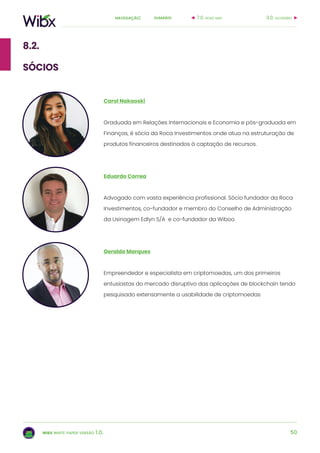 50
sumárionavegação:
wibx white paper versão 1.0.
Carol Nakaoski
Graduada em Relações Internacionais e Economia e pós-graduada em
Finanças, é sócia da Roca Investimentos onde atua na estruturação de
produtos financeiros destinados à captação de recursos.
Eduardo Correa
Advogado com vasta experiência profissional. Sócio fundador da Roca
Investimentos, co-fundador e membro do Conselho de Administração
da Usinagem Edlyn S/A e co-fundador da Wiboo.
Geraldo Marques
Empreendedor e especialista em criptomoedas, um dos primeiros
entusiastas do mercado disruptivo das aplicações de blockchain tendo
pesquisado extensamente a usabilidade de criptomoedas
8.2.
sócios
9.0. glossário7.0. road map
 