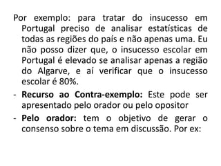 Por exemplo: para tratar do insucesso em 
Portugal preciso de analisar estatísticas de 
todas as regiões do país e não apenas uma. Eu 
não posso dizer que, o insucesso escolar em 
Portugal é elevado se analisar apenas a região 
do Algarve, e aí verificar que o insucesso 
escolar é 80%. 
- Recurso ao Contra-exemplo: Este pode ser 
apresentado pelo orador ou pelo opositor 
- Pelo orador: tem o objetivo de gerar o 
consenso sobre o tema em discussão. Por ex: 
 