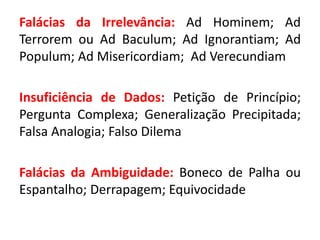 Falácias da Irrelevância: Ad Hominem; Ad 
Terrorem ou Ad Baculum; Ad Ignorantiam; Ad 
Populum; Ad Misericordiam; Ad Verecundiam 
Insuficiência de Dados: Petição de Princípio; 
Pergunta Complexa; Generalização Precipitada; 
Falsa Analogia; Falso Dilema 
Falácias da Ambiguidade: Boneco de Palha ou 
Espantalho; Derrapagem; Equivocidade 
 