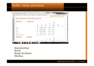 Traffic: online adverteren




 •Segmenteerbaar
 •Bereik
 •Budget flexibiliteit
 •Meetbaar
 