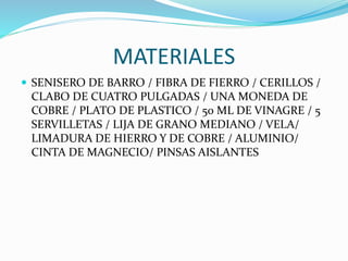 MATERIALES
 SENISERO DE BARRO / FIBRA DE FIERRO / CERILLOS /
CLABO DE CUATRO PULGADAS / UNA MONEDA DE
COBRE / PLATO DE PLASTICO / 50 ML DE VINAGRE / 5
SERVILLETAS / LIJA DE GRANO MEDIANO / VELA/
LIMADURA DE HIERRO Y DE COBRE / ALUMINIO/
CINTA DE MAGNECIO/ PINSAS AISLANTES
 