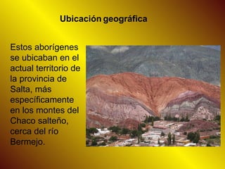 Ubicación   geográfica Estos aborígenes se ubicaban en el actual territorio de la provincia de Salta, más específicamente en los montes del Chaco salteño, cerca del río Bermejo. 