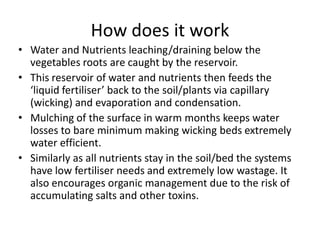 How does it work
• Water and Nutrients leaching/draining below the
vegetables roots are caught by the reservoir.
• This reservoir of water and nutrients then feeds the
‘liquid fertiliser’ back to the soil/plants via capillary
(wicking) and evaporation and condensation.
• Mulching of the surface in warm months keeps water
losses to bare minimum making wicking beds extremely
water efficient.
• Similarly as all nutrients stay in the soil/bed the systems
have low fertiliser needs and extremely low wastage. It
also encourages organic management due to the risk of
accumulating salts and other toxins.
 