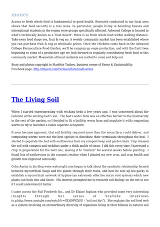 money
Access to fresh whole food is fundamental to good health. Research conducted in our local area
shows that food security is a real issue. In particular, people living in boarding houses and
international students in the region were groups specifically affected. Ashwood College is located in
what’s technically known as a ‘food desert’: there is no fresh whole food within walking distance.
Take-away food shops yes, fruit & veg no. A weekly community market has been established where
you can purchase fruit & veg at wholesale prices. Once the chickens come back to the Ashwood
College Permaculture Food Garden, we’ll be ramping up vegie production, and with the fruit trees
beginning to come of a productive age we look forward to regularly contributing fresh food to this
community market. Meanwhile all local residents are invited to come and help out.
Story and photos copyright to Mariëtte Tuohey, business owner of Sense & Sustainability
Facebook page: http://tinyurl.com/PermacultureFoodGarden
The Living Soil
When I started experimenting with wicking beds a few years ago, I was concerned about the
isolation of the wicking bed’s soil. The bed’s water tank was an effective barrier to the biodiversity
in the rest of the garden, so I decided to fit a build-in worm farm and populate it with composting
worms to try to maintain a viable separate ecosystem.
It soon became apparent, that soil fertility required more than the worm farm could deliver, and
composting worms were not the best species to distribute their vermicasts throughout the bed. I
started to populate the bed with earthworms from my compost heap and garden beds. I top dressed
the soil with compost and rockdust under a thick mulch of straw. I did this every time I harvested a
crop in preparation for the next one, leaving it to “mature” for several weeks before planting. I
found lots of earthworms in the compost residue when I planted my new crop, and crop health and
growth rate improved noticeably.
Colin Austin in his blog www.waterright.com began to talk about the symbiotic relationship formed
between mycorrhizal fungi and the plants through their roots, and how he sets up bio-packs to
establish a mycorrhizal network of hyphae (an extremely effective micro root system) which new
plants can hook into and share. His interest prompted me to research soil biology on the net to see
if I could understand it better.
I came across the Soil Foodweb Inc., and Dr Elaine Ingham who provided some very interesting
i n s i g h t s t h r o u g h h e r s e r i e s o f Y o u T u b e i n t e r v i e w s
(e.g.http://www.youtube.com/watch?v=GEtl09VZiSU : “soil not dirt”). She explains the soil food web
as a system involving an extraordinary diversity of organisms living in their billions in natural soil
 