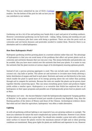 This post has been submitted by one of SGA’s Cuttings
readers. See the bottom of this post for info on how you too
can contribute to our website.
Gardening can be a lot of fun and getting your hands dirty is part and parcel of working outdoors.
However conventional gardening can be hard work – raking, tilling, hoeing and weeding are just
some of the strenuous jobs that come with being a gardener. There are also the pests such as
cutworms and soil borne diseases and pesticides needed to combat them. However there is an
alternative and it is called hydroponics.
How Does Hydroponics Work?
Hydroponic gardening involves growing plants in a nutrient solution rather than soil. The advantage
of hydroponics is that you can avoid many of the problems that affect soil grown plants such as
cutworms and soil-borne diseases that can ruin your crop. This means herbicides and pesticides can
be avoided. Also you have more control over the nutrients that feed your plants. It is easier to vary
the nutrients that the plant receives at various stages of its development ensuring optimum growth.
Instead of soil, a porous growing aggregate is used. This can include sand, vermiculite, gravel,
coconut coir, clay balls or perlite. This allows air and nutrients to circulate more freely allowing a
better distribution of oxygen and food to each plant. Nutrients and water are fed directly to the roots
which enable the plant to spend more of its energy growing above the soil rather than pushing
through soil to compete for nutrients. Because the roots are smaller the plants can be grown closer
together thereby conserving space. This can mean everything grows faster and produces higher
yields within a smaller space. Hydroponics is so versatile that NASA has explored the use of
hydroponics in their space programs and possible use of hydroponically grown food on planets such
as Mars.
Hydroponics isn’t new – the Ancient Babylon’s built the hydroponically-engineered ‘hanging gardens
of Babylon’ in the palace courtyard located just outside of present day Baghdad, Iraq. Also the
floating gardens of the Aztecs of Mexico and those of the Chinese. Archeological evidence shows
that when soil isn’t ideal for agriculture, hydroponics’ was often a viable alternative.
Lighting
As with all gardening artificial lighting is not required if you are growing outdoors in sunlight. The
more you substitute for nature the more complicated any system will become. However if you choose
to grow indoors you should use a grow light. You should also consider a grow tent with a reflective
inner surface to ensure the plants receive the maximum amount of light and so ideal growing
conditions are maintained. Many grow lights for plants are inefficient and expensive to run. However
 