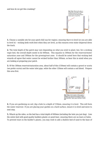 and how do we get this cranking?
1. Choose a suitable site for your patch (full sun for vegies), ensuring that it is level (or you are able
to level it) – wicking beds work best when they are level, as this ensures even water dispersal down
the track.
2. The total depth of the patch may vary depending on what you wish to plant, but, for a wicking
vegie bed, the overall depth needs to be 600mm. This equates to 300mm for the reservoir/water
saturation zone and 300mm for the growing/root zone. It should be noted here that wicking bed
wizards all agree that water cannot be wicked further than 300mm, so bear this in mind when you
are looking at preparing your patch.
3. Of the 300mm reservoir/saturation area, about half of this (150mm) will contain a gravel or scoria
(we prefer scoria) and the water inlet pipe, while the other 150mm will contain a soil blend. Prepare
this area first.
4. If you are gardening on soil, dig a hole to a depth of 150mm, ensuring it is level. This will form
the water reservoir. If you are placing your garden on a hard surface, ensure it is level and move to
next step.
5. Whack up the sides, so the bed has a total depth of 600mm (including the hole you just dug). Line
the entire bed with good quality builders plastic or pond liner, ensuring there are no tears or holes.
To prevent tears in the builder’s plastic, you may wish to add a shallow bed of sand to the base of
 