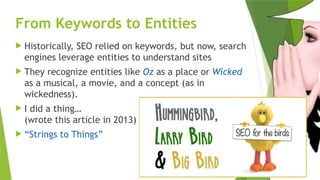 SEM pdx Engage Marketing Conference
 Historically, SEO relied on keywords, but now, search
engines leverage entities to understand sites
 They recognize entities like Oz as a place or Wicked
as a musical, a movie, and a concept (as in
wickedness).
 I did a thing…
(wrote this article in 2013)
 “Strings to Things”
From Keywords to Entities
 