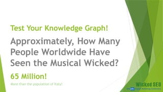 SEM pdx Engage Marketing Conference
Test Your Knowledge Graph!
Approximately, How Many
People Worldwide Have
Seen the Musical Wicked?
65 Million!
More than the population of Italy!
 