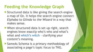 SEM pdx Engage Marketing Conference
Feeding the Knowledge Graph
 Structured data is like giving the search engine
a map of Oz. It helps the search engine connect
Elphaba to Glinda to the Wizard in a way that
makes sense.
 When structured data is set up right, search
engines know exactly who’s who and what’s
what and which’s witch – clarifying your
content’s meaning.
 SameAs Schema is a primary methodology of
associating a page’s topic focus to TKG.
 