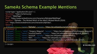 SEM pdx Engage Marketing Conference
SameAs Schema Example Mentions
<script type="application/ld+json"> {
"@context": "https://schema.org",
"@type": "WebPage",
"@id": "https://www.wickedmovie.com/characters/Elphaba#WebPage",
"headline": ”Elphaba - The Wicked Witch of the West | Wicked Movie (2024)",
"url": "https://www.wickedmovie.com/characters/elphaba",
"about": [
{"@type": "Thing", "name": "Elphaba", "sameAs": "https://en.wikipedia.org/wiki/Elphaba"}
],"mentions": [
{"@type": "Person", "name": "Gregory Maguire", "sameAs": "https://en.wikipedia.org/wiki/Gregory_Maguire"},
{"@type": "Thing", "name": "musical theatre", "sameAs": "https://en.wikipedia.org/wiki/Musical_theatre"},
{"@type": "Thing", "name": "musical", "sameAs": "https://en.wikipedia.org/wiki/Music"},
{"@type": "Thing", "name": "film", "sameAs": "https://en.wikipedia.org/wiki/Film"},
{"@type": "Thing", "name": "character", "sameAs": "https://en.wikipedia.org/wiki/Character_(arts)"},
]
} </script>
@ InLinks.com
 