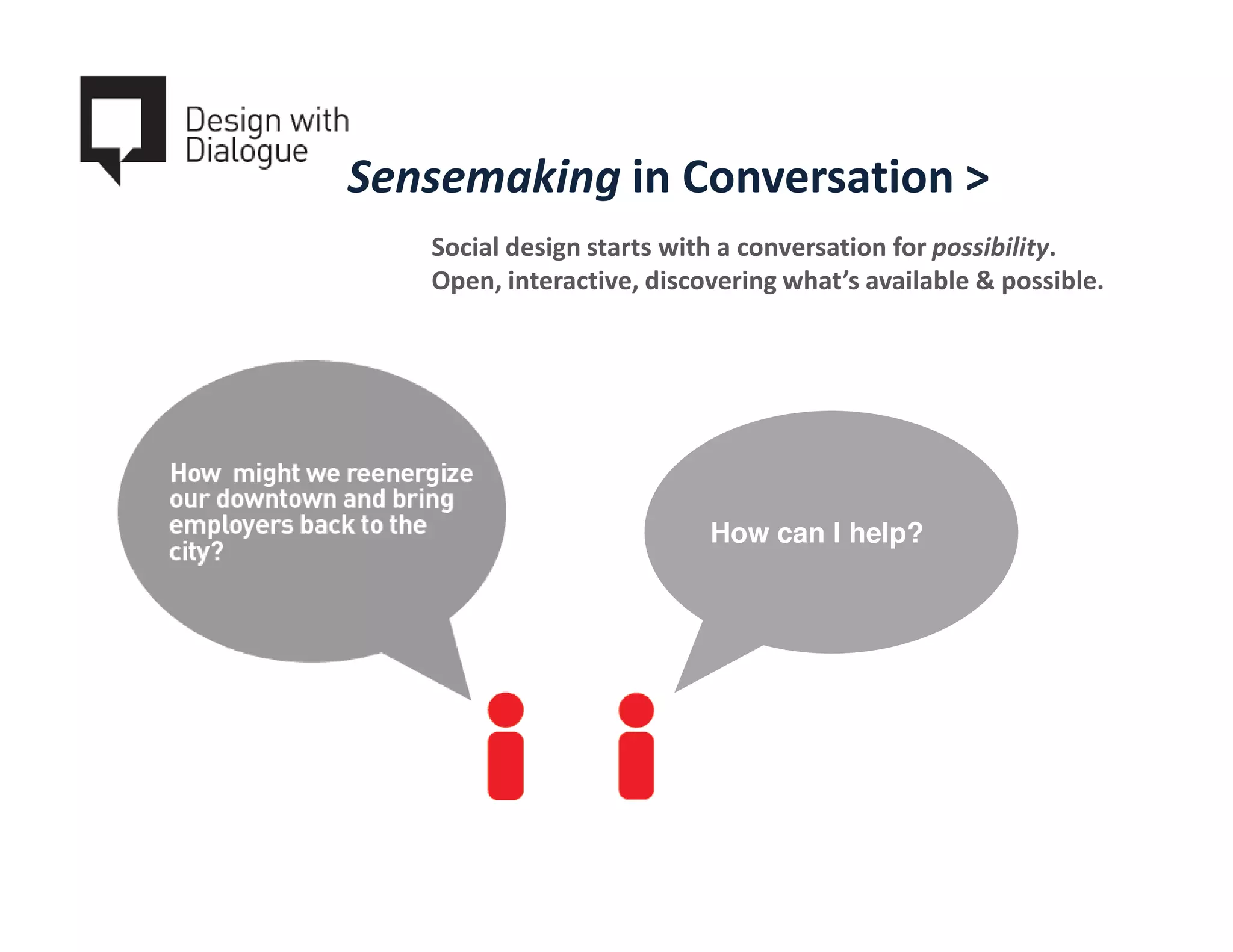 Sensemaking in Conversation >
   Social design starts with a conversation for possibility.
   Open, interactive, discovering what’s available & possible.




                           How can I help?
 