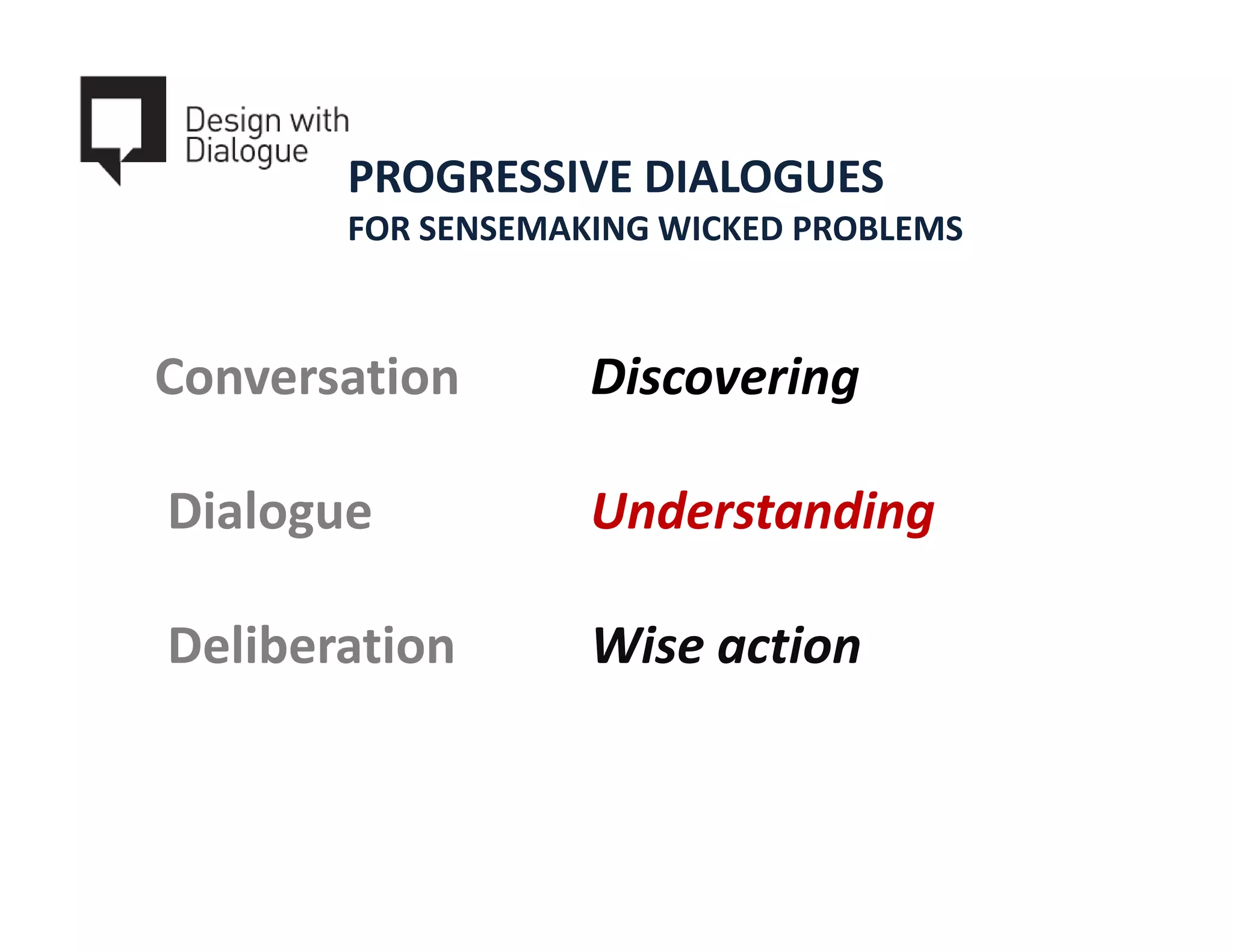 PROGRESSIVE DIALOGUES
       FOR SENSEMAKING WICKED PROBLEMS



Conversation       Discovering

Dialogue           Understanding

Deliberation       Wise action
 