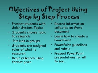 Objectives of Project Using
   Step by Step Process
• Present students with   • Record information
  Solar System Topics  ...