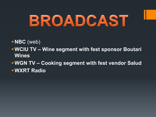 BROADCASTNBC (web) WCIU TV – Wine segment with fest sponsor Boutari WinesWGN TV – Cooking segment with fest vendor SaludWXRT Radio 