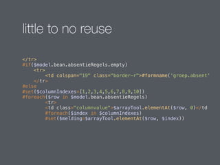 little to no reuse 
</tr> 
#if($model.bean.absentieRegels.empty) 
<tr> 
<td colspan="19" class="border-r">#formname('groep.absent' 
</tr> 
#else 
#set($columnIndexes=[1,2,3,4,5,6,7,8,9,10]) 
#foreach($row in $model.bean.absentieRegels) 
<tr> 
<td class="columnvalue">$arrayTool.elementAt($row, 0)</td 
#foreach($index in $columnIndexes) 
#set($melding=$arrayTool.elementAt($row, $index)) 
 