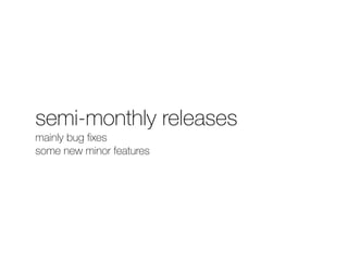semi-monthly releases 
mainly bug fixes 
some new minor features 
 