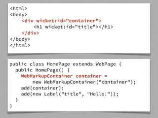 <html> 
<body> 
<div wicket:id="container"> 
<h1 wicket:id="title"></h1> 
</div> 
</body> 
</html> 
public class HomePage extends WebPage { 
public HomePage() { 
WebMarkupContainer container = 
new WebMarkupContainer("container"); 
add(container); 
add(new Label("title", "Hello!")); 
} 
} 
 