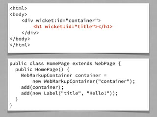 <html> 
<body> 
<div wicket:id="container"> 
<h1 wicket:id="title"></h1> 
</div> 
</body> 
</html> 
public class HomePage extends WebPage { 
public HomePage() { 
WebMarkupContainer container = 
new WebMarkupContainer("container"); 
add(container); 
add(new Label("title", "Hello!")); 
} 
} 
 