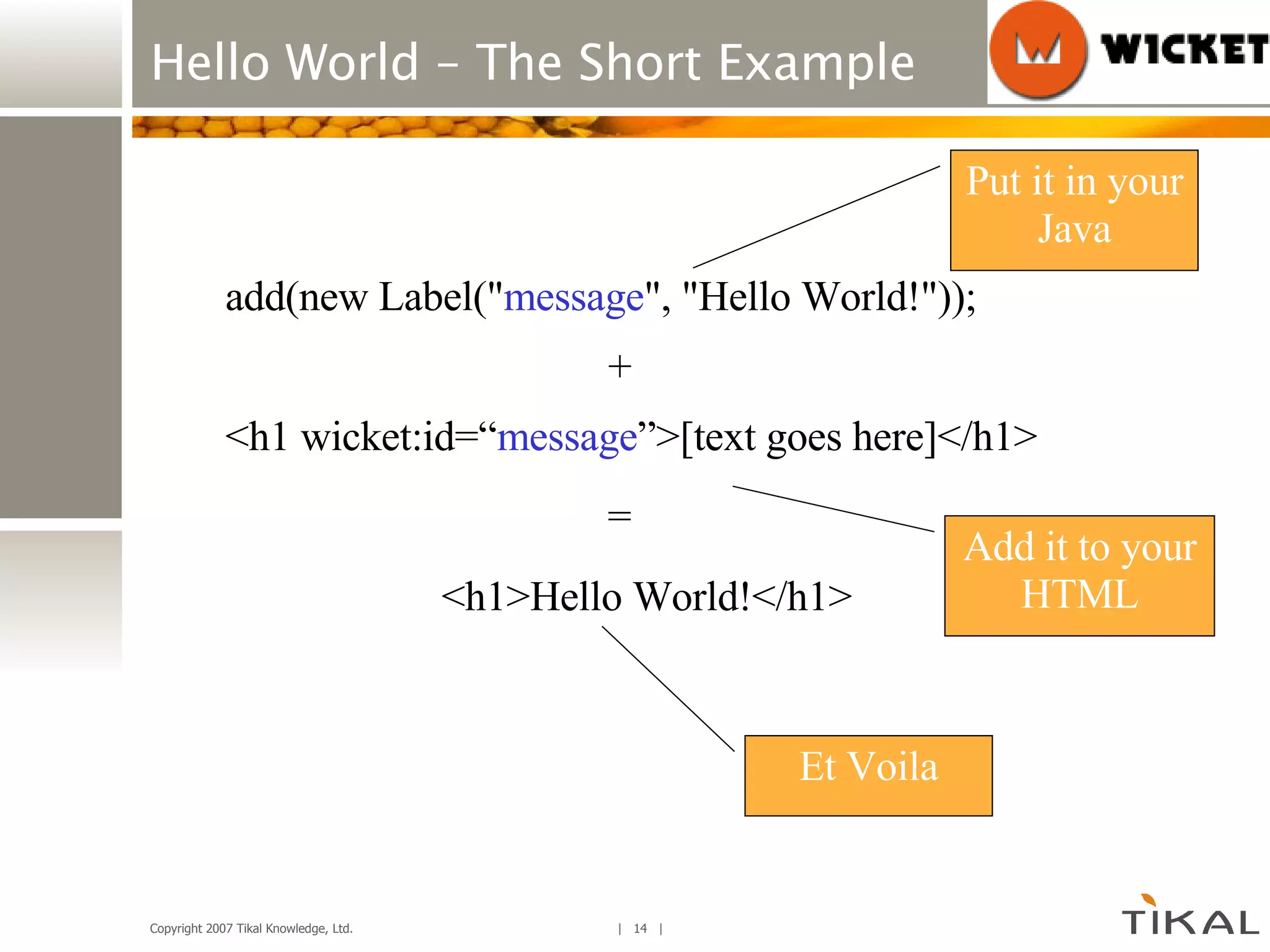 Hello World – The Short Example <h1 wicket:id=“ message ”>[text goes here]</h1> add(new Label(&quot; message &quot;, &quot;Hello World!&quot;)); <h1>Hello World!</h1> + = Add it to your HTML Put it in your Java Et Voila 