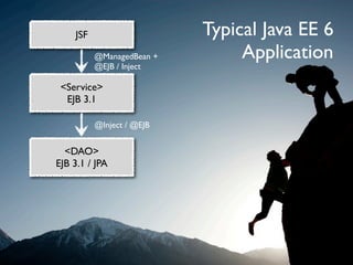 JSF                    Typical Java EE 6
          @ManagedBean +        Application
          @EJB / Inject

 <Service>
  EJB 3.1

          @Inject / @EJB


  <DAO>
EJB 3.1 / JPA
 