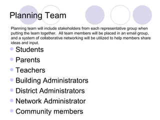Planning Team Students Parents Teachers Building Administrators District Administrators Network Administrator Community members Planning team will include stakeholders from each representative group when putting the team together.  All team members will be placed in an email group, and a system of collaborative networking will be utilized to help members share ideas and input. 