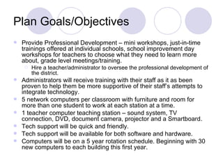 Plan Goals/Objectives Provide Professional Development – mini workshops, just-in-time trainings offered at individual schools, school improvement day workshops for teachers to choose what they need to learn more about, grade level meetings/training.  Hire a teacher/administrator to oversee the professional development of the district. Administrators will receive training with their staff as it as been proven to help them be more supportive of their staff’s attempts to integrate technology. 5 network computers per classroom with furniture and room for more than one student to work at each station at a time. 1 teacher computer teaching station – sound system, TV connection, DVD, document camera, projector and a Smartboard. Tech support will be quick and friendly. Tech support will be available for both software and hardware. Computers will be on a 5 year rotation schedule. Beginning with 30 new computers to each building this first year. 