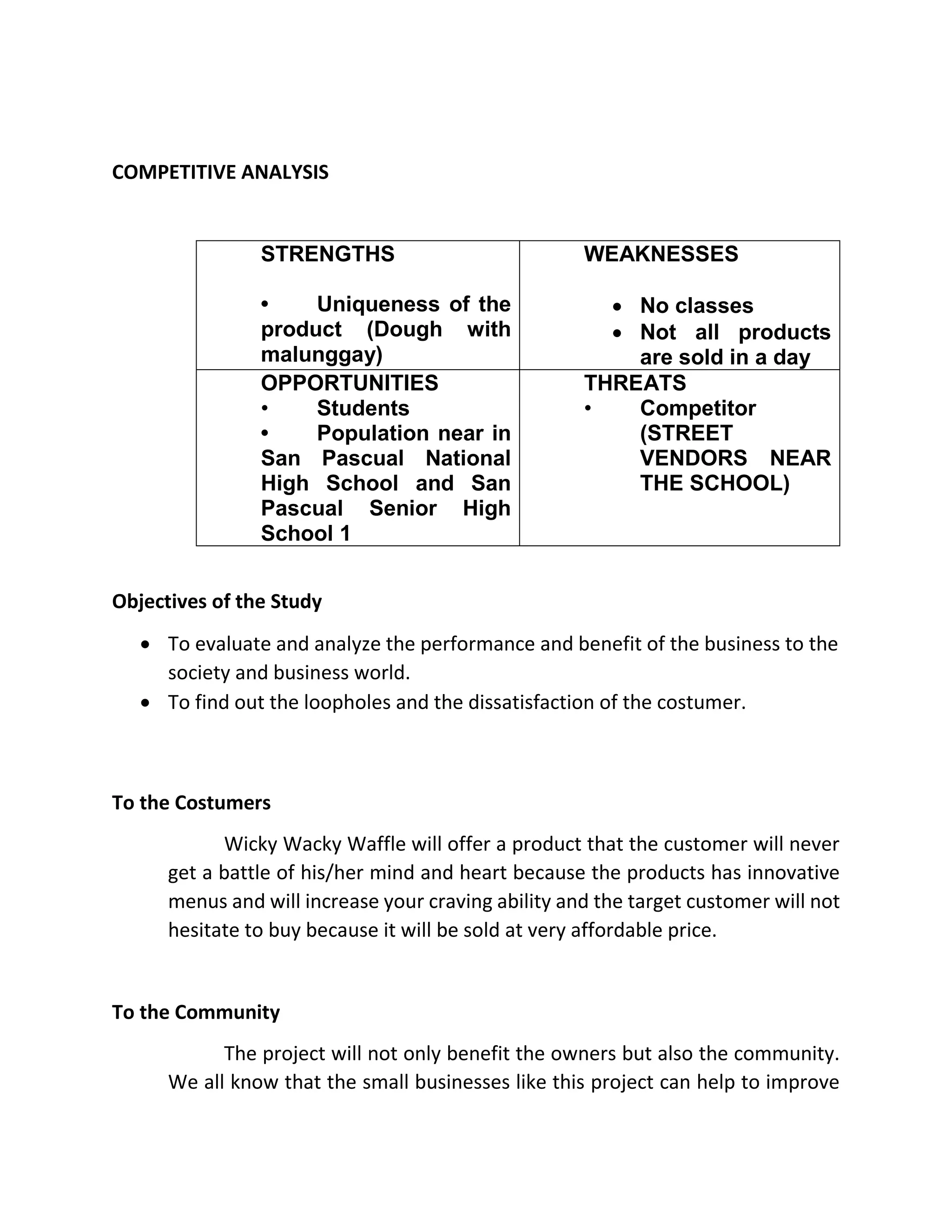 COMPETITIVE ANALYSIS
STRENGTHS
• Uniqueness of the
product (Dough with
malunggay)
WEAKNESSES
 No classes
 Not all products
are sold in a day
OPPORTUNITIES
• Students
• Population near in
San Pascual National
High School and San
Pascual Senior High
School 1
THREATS
• Competitor
(STREET
VENDORS NEAR
THE SCHOOL)
Objectives of the Study
 To evaluate and analyze the performance and benefit of the business to the
society and business world.
 To find out the loopholes and the dissatisfaction of the costumer.
To the Costumers
Wicky Wacky Waffle will offer a product that the customer will never
get a battle of his/her mind and heart because the products has innovative
menus and will increase your craving ability and the target customer will not
hesitate to buy because it will be sold at very affordable price.
To the Community
The project will not only benefit the owners but also the community.
We all know that the small businesses like this project can help to improve
 