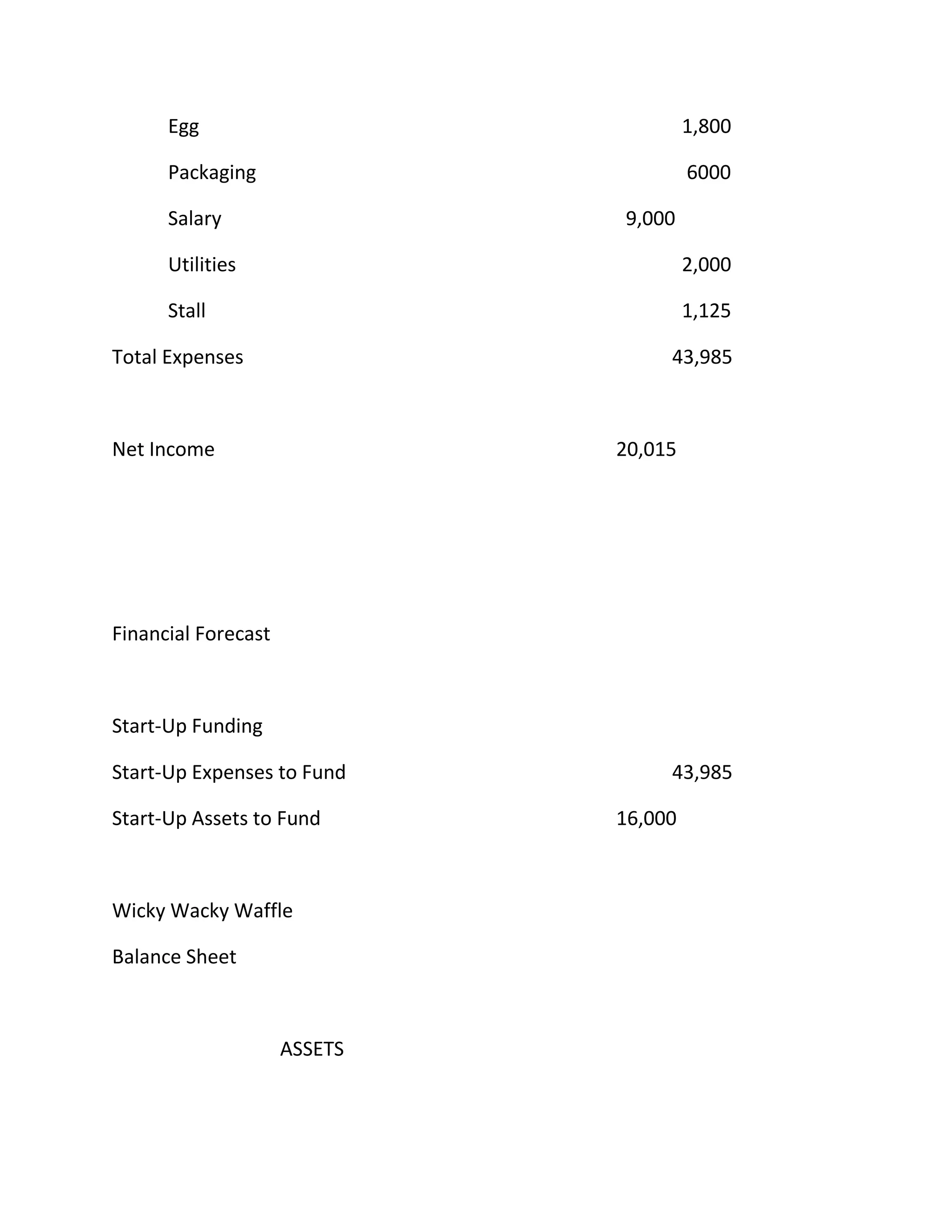 Egg 1,800
Packaging 6000
Salary 9,000
Utilities 2,000
Stall 1,125
Total Expenses 43,985
Net Income 20,015
Financial Forecast
Start-Up Funding
Start-Up Expenses to Fund 43,985
Start-Up Assets to Fund 16,000
Wicky Wacky Waffle
Balance Sheet
ASSETS
 