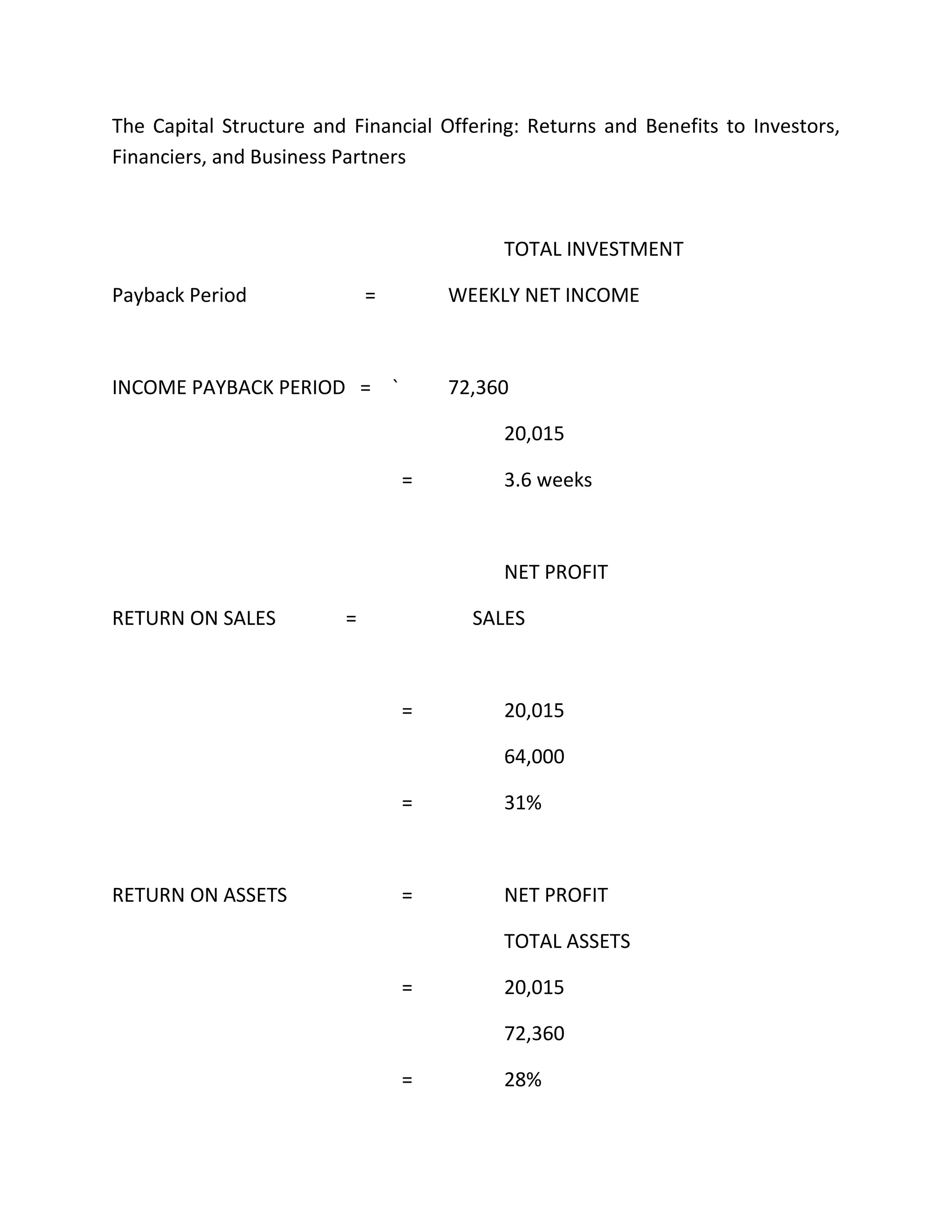 The Capital Structure and Financial Offering: Returns and Benefits to Investors,
Financiers, and Business Partners
TOTAL INVESTMENT
Payback Period = WEEKLY NET INCOME
INCOME PAYBACK PERIOD = ` 72,360
20,015
= 3.6 weeks
NET PROFIT
RETURN ON SALES = SALES
= 20,015
64,000
= 31%
RETURN ON ASSETS = NET PROFIT
TOTAL ASSETS
= 20,015
72,360
= 28%
 