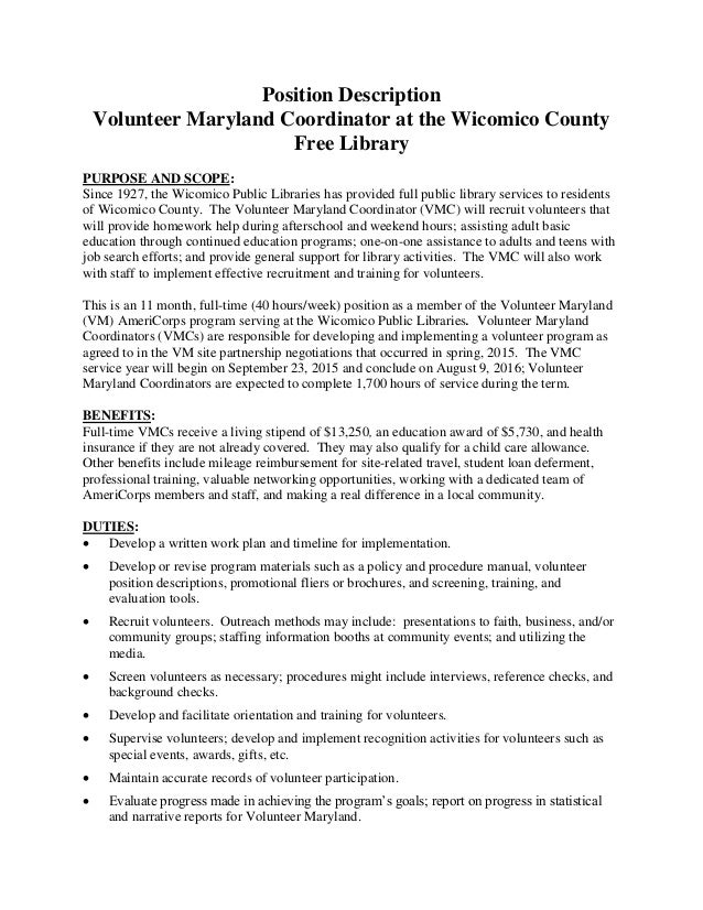 volunteer coordinator description sle wicomico county free library volunteer maryland coordinator position volunteer coordinator description sle wicomico county free library volunteer maryland coordinator position