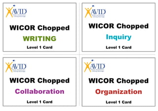WICOR Chopped
WRITING
Level 1 Card
WICOR Chopped
Inquiry
Level 1 Card
WICOR Chopped
Collaboration
Level 1 Card
WICOR Chopped
Organization
Level 1 Card
 
