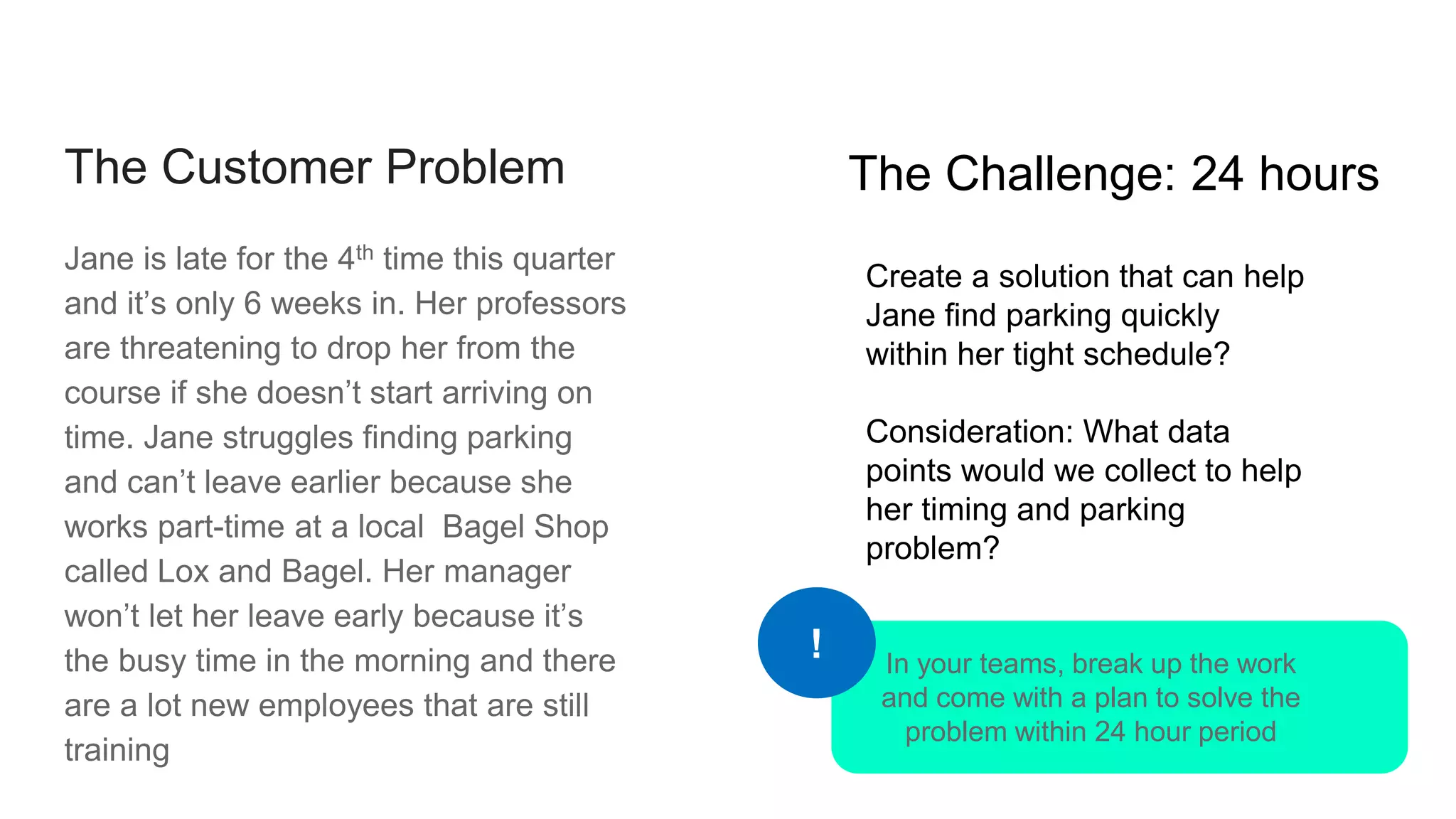 The Customer Problem
Jane is late for the 4th time this quarter
and it’s only 6 weeks in. Her professors
are threatening to drop her from the
course if she doesn’t start arriving on
time. Jane struggles finding parking
and can’t leave earlier because she
works part-time at a local Bagel Shop
called Lox and Bagel. Her manager
won’t let her leave early because it’s
the busy time in the morning and there
are a lot new employees that are still
training
Create a solution that can help
Jane find parking quickly
within her tight schedule?
Consideration: What data
points would we collect to help
her timing and parking
problem?
The Challenge: 24 hours
In your teams, break up the work
and come with a plan to solve the
problem within 24 hour period
!
 