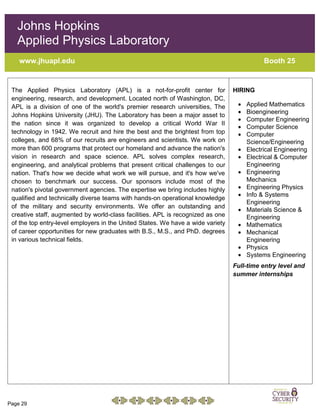 Page 29
Johns Hopkins
Applied Physics Laboratory
www.jhuapl.edu Booth 25
The Applied Physics Laboratory (APL) is a not-for-profit center for
engineering, research, and development. Located north of Washington, DC,
APL is a division of one of the world's premier research universities, The
Johns Hopkins University (JHU). The Laboratory has been a major asset to
the nation since it was organized to develop a critical World War II
technology in 1942. We recruit and hire the best and the brightest from top
colleges, and 68% of our recruits are engineers and scientists. We work on
more than 600 programs that protect our homeland and advance the nation's
vision in research and space science. APL solves complex research,
engineering, and analytical problems that present critical challenges to our
nation. That's how we decide what work we will pursue, and it's how we've
chosen to benchmark our success. Our sponsors include most of the
nation's pivotal government agencies. The expertise we bring includes highly
qualified and technically diverse teams with hands-on operational knowledge
of the military and security environments. We offer an outstanding and
creative staff, augmented by world-class facilities. APL is recognized as one
of the top entry-level employers in the United States. We have a wide variety
of career opportunities for new graduates with B.S., M.S., and PhD. degrees
in various technical fields.
HIRING
• Applied Mathematics
• Bioengineering
• Computer Engineering
• Computer Science
• Computer
Science/Engineering
• Electrical Engineering
• Electrical & Computer
Engineering
• Engineering
Mechanics
• Engineering Physics
• Info & Systems
Engineering
• Materials Science &
Engineering
• Mathematics
• Mechanical
Engineering
• Physics
• Systems Engineering
Full-time entry level and
summer internships
 