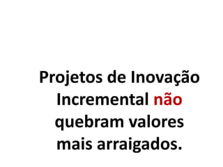 Projetos de Inovação
Incremental não
quebram valores
mais arraigados.
 