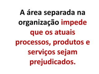 A área separada na
organização impede
que os atuais
processos, produtos e
serviços sejam
prejudicados.
 