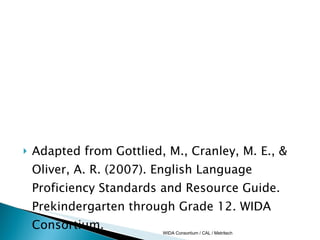 <ul><li>Adapted from Gottlied, M., Cranley, M. E., & Oliver, A. R. (2007). English Language Proficiency Standards and Reso...
