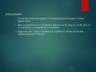 Interpretation
 The Ab titre of the test sample is its highest dilution that gives a visible
agglutination.
 80µL corresponds to 1 in 20 dilution, 40µL to 1 in 40, 20µL to 1 in 80, 10µL to
1 in 160 & 5µL corresponds to 1 in 320 titre.
 Agglutinin titre >1:80 is considered as significant infection & low titre
indicate absence of infection.
 