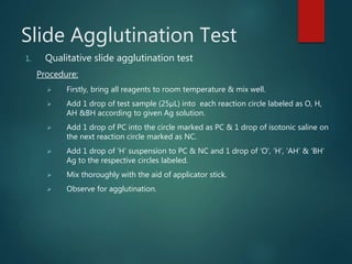 Slide Agglutination Test
1. Qualitative slide agglutination test
Procedure:
 Firstly, bring all reagents to room temperature & mix well.
 Add 1 drop of test sample (25µL) into each reaction circle labeled as O, H,
AH &BH according to given Ag solution.
 Add 1 drop of PC into the circle marked as PC & 1 drop of isotonic saline on
the next reaction circle marked as NC.
 Add 1 drop of ‘H’ suspension to PC & NC and 1 drop of ‘O’, ‘H’, ‘AH’ & ‘BH’
Ag to the respective circles labeled.
 Mix thoroughly with the aid of applicator stick.
 Observe for agglutination.
 