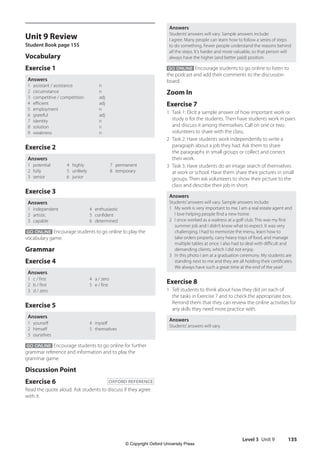 Level 3 Unit 9 135
Answers
Students’answers will vary. Sample answers include:
I agree. Many people can learn how to follow a series of steps
to do something. Fewer people understand the reasons behind
all the steps. It’s harder and more valuable, so that person will
always have the higher (and better paid) position.
GO ONLINE Encourage students to go online to listen to
the podcast and add their comments to the discussion
board.
Zoom In
Exercise 7
1 Task 1: Elicit a sample answer of how important work or
study is for the students. Then have students work in pairs
and discuss it among themselves. Call on one or two
volunteers to share with the class.
2 Task 2: Have students work independently to write a
paragraph about a job they had. Ask them to share
the paragraphs in small groups or collect and correct
their work.
3 Task 3: Have students do an image search of themselves
at work or school. Have them share their pictures in small
groups. Then ask volunteers to show their picture to the
class and describe their job in short.
Answers
Students’answers will vary. Sample answers include:
1 My work is very important to me. I am a real estate agent and
I love helping people find a new home.
2 I once worked as a waitress at a golf club. This was my first
summer job and I didn’t know what to expect. It was very
challenging. I had to memorize the menu, learn how to
take orders properly, carry heavy trays of food, and manage
multiple tables at once. I also had to deal with difficult and
demanding clients, which I did not enjoy.
3 In this photo I am at a graduation ceremony. My students are
standing next to me and they are all holding their certificates.
We always have such a great time at the end of the year!
Exercise 8
1 Tell students to think about how they did on each of
the tasks in Exercise 7 and to check the appropriate box.
Remind them that they can review the online activities for
any skills they need more practice with.
Answers
Students’answers will vary.
Unit 9 Review
Student Book page 155
Vocabulary
Exercise 1
Answers
1 assistant / assistance n
2 circumstance n
3 competitive / competition adj
4 efficient adj
5 employment n
6 grateful adj
7 identity n
8 solution n
9 weakness n
Exercise 2
Answers
1 potential
2 fully
3 senior
4 highly
5 unlikely
6 junior
7 permanent
8 temporary
Exercise 3
Answers
1 independent
2 artistic
3 capable
4 enthusiastic
5 confident
6 determined
GO ONLINE Encourage students to go online to play the
vocabulary game.
Grammar
Exercise 4
Answers
1 c / first
2 b / first
3 d / zero
4 a / zero
5 e / first
Exercise 5
Answers
1 yourself
2 himself
3 ourselves
4 myself
5 themselves
GO ONLINE Encourage students to go online for further
grammar reference and information and to play the
grammar game.
Discussion Point
Exercise 6 OXFORD REFERENCE
Read the quote aloud. Ask students to discuss if they agree
with it.
4511148_WA_TG3.indb 135 5/10/19 12:23 PM
© Copyright Oxford University Press
 