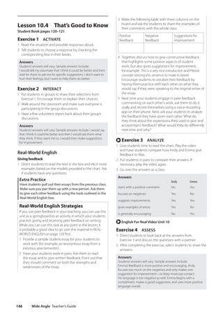 Wide Angle Teacher’s Guide
146
3 Make the following table with three columns on the
board and ask the students to share the examples of
their comments with the whole class:
Positive
feedback
Negative
feedback
Suggestions for
improvement
4 Together, discuss how to give constructive feedback
that highlights some positive aspects of student
work, but also gives suggestions for improvement,
for example: This is a very nice introduction and Please
consider revising this sentence to make it clearer.
Encourage students to vocalize their feedback by
having them practice with each other on what they
would say if they were speaking to the original writer of
the essay.
5 Next time your students engage in peer feedback
commenting on each other’s work, ask them to do it
orally and record themselves using a voice-recording
app on their phone. Next, ask your students to analyze
the feedback they have given each other. What do
they think about the expressions they used to give and
accept/reject feedback? What would they do differently
next time and why?
r Exercise 3 ANALYZE
1 Give students time to read the chart. Play the video
and have students compare how Andy and Emma give
feedback to Max.
2 Put students in pairs to compare their answers. If
necessary, play the video again.
3 Go over the answers as a class.
Answers
Andy Emma
starts with a positive comment No Yes
focuses on negatives Yes No
suggests improvements Yes Yes
gives examples of errors Yes No
is generally encouraging No Yes
r English For Real Video Unit 10
Exercise 4 ASSESS
1 Direct students to look back at the answers from
Exercise 3 and discuss the questions with a partner.
2 After completing the exercise, select students to share the
answers.
Answers
Students’answers will vary. Sample answers include:
Emma’s feedback is more positive and encouraging. Andy
focuses too much on the negatives and only makes one
suggestion for improvement—to keep more eye contact.
His language is too negative as well. Emma begins with a
compliment, makes a good suggestion, and uses more positive
language overall.
Lesson 10.4 That’s Good to Know
Student Book pages 120–121
Exercise 1 ACTIVATE
1 Read the situation and possible responses aloud.
2 Tell students to choose a response by checking the
corresponding box in their books.
Answers
Students’answers will vary. Sample answers include:
I would tell my classmate that I think it could be better and then
wait for them to ask me for specific suggestions. I don’t want to
hurt their feelings, but I want to help them do better.
Exercise 2 INTERACT
1 Put students in groups to share their selections from
Exercise 1. Encourage them to explain their choices.
2 Walk around the classroom and make sure everyone is
participating in the group discussions.
3 Have a few volunteers report back about their group’s
discussions.
Answers
Students’answers will vary. Sample answers include: I would say
that I think it could be better and then I would ask them what
they think. If they want me to, I would then make suggestions
for improvement.
Real-World English
Giving feedback
1 Direct students to read the text in the box and elicit more
examples based on the models provided in the chart. Ask
if students have any questions.
Extra Practice
Have students pull out their essays from the previous class.
Make sure you pair them up with a new person. Ask them
to give each other feedback using the tools outlined in the
Real-World English box.
Real-World English Strategies
If you use peer feedback in your teaching, you can use this
unit as a springboard to an activity in which your students
practice giving and receiving peer feedback on writing.
While you can use this task at any point in the lesson, it
is probably a good idea to go over the material in REAL-
WORLD ENGLISH on page 120 first.
1 Provide a sample student essay for your students to
work with (for example, an anonymous essay from a
previous year/semester).
2 Have your students work in pairs. Ask them to read
the essay and to give written feedback. Point out that
they should comment on both the strengths and
weaknesses of the essay.
4511148_WA_TG3.indb 146 5/10/19 12:23 PM
 