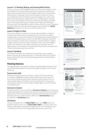 Wide Angle Teacher’s Guide
vi
Lessons 1–3: Reading, Writing, and Listening Skills Practice
Every unit contains a well-scaffolded reading, writing, and listening lesson. These
lessons follow the activation-presentation-practice-production method. This
framework encourages teachers to first engage students in the material before
exposing them to language content and also supports students by moving
incrementally from more controlled, accuracy-focused practice, to freer, more
fluency-focused production. Specific skills, such as reading to guess meaning
from context, are identified in each lesson, reinforcing clear objectives for both
teacher and student. Writing lessons adopt a process approach, offering pre-
writing activities first, followed by activities to review, edit, and re-write. Throughout
the book, readings and thought-provoking quotes can be found from Oxford
Reference, a trusted source of over two million academic texts.
Lesson 4: English For Real
These lessons allow your students to communicate and adapt to a variety of
situations they will encounter in everyday life. Each unit lesson has modern,
engaging video content to demonstrate the type of language needed for different
contexts. For example, a lesson may focus on the different language needed for
making a request to a friend versus a request to a university professor. Students
engage in prediction activities based on stills from videos and create roleplays
based on the situations. In the student Online practice, they even have the
opportunity to put themselves in the video and record one of the character’s lines,
connecting class learning to their own lives.
Lesson 5: Speaking
The final lesson of each unit is dedicated to developing students’speaking
fluency, a key part of the Wide Angle series. A variety of activities in the Student
Book, as well as Online Practice, build the language students need for effective
communication.
Floating features
The following features are taught in context and appear flexibly throughout each
unit, which enables teachers to introduce language naturally as communicative
needs arise.
Pronunciation Skill
Wide Angle recognizes that pronunciation is a major factor that contributes
to a speaker’s intelligibility, so pronunciation skills are practiced in each unit.
Pronunciation Skill boxes practice both individual sounds and word stress, as
well as broader features of intonation and connected speech. Pronunciation
audio exposes students to natural models of English speech, and the tasks offer
meaningful practice.
Grammar in Context
Key grammar for each unit is identified in Grammar in Context boxes. These boxes
provide clear explanations for each grammar point. Example sentences are directly
related to the content of each lesson, and grammar points build on one another
throughout the text. Students can also reference the Grammar focus pages,
located after the Unit Review pages.
Vocabulary
Thematic vocabulary from the Oxford 3000 (levels 1-4) or 5000 (levels 5-6) is
taught throughout each unit. The Oxford 3000 / 5000 are word lists of the most
important and relevant vocabulary for English learners. The vocabulary for each
unit relates to the theme and is appropriate for the learners’current level.
4511148_WA_TG3_iv-vii.indd 6 5/14/19 6:02 PM
© Copyright Oxford University Press
 