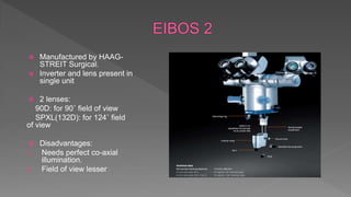  Manufactured by HAAG-
STREIT Surgical.
 Inverter and lens present in
single unit
 2 lenses:
90D: for 90˚ field of view
SPXL(132D): for 124˚ field
of view
 Disadvantages:
1. Needs perfect co-axial
illumination.
2. Field of view lesser
 