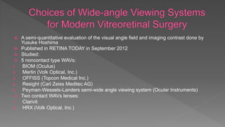  A semi-quantitative evaluation of the visual angle field and imaging contrast done by
Yusuke Hoshima
 Published in RETINA TODAY in September 2012
 Studied:
 5 noncontact type WAVs:
1. BIOM (Oculus)
2. Merlin (Volk Optical, Inc.)
3. OFFISS (Topcon Medical Inc.)
4. Resight (Carl Zeiss Meditec AG)
5. Peyman-Wessels-Landers semi-wide angle viewing system (Ocular Instruments)
 Two contact WAVs lenses:
1. Clarivit
2. HRX (Volk Optical, Inc.)
 