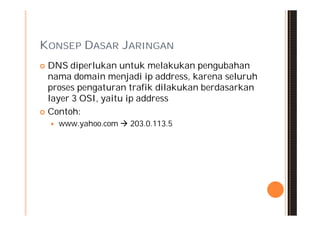 KONSEP DASAR JARINGAN
 DNS diperlukan untuk melakukan pengubahan
  nama domain menjadi ip address, karena seluruh
  proses pengaturan trafik dilakukan berdasarkan
  layer 3 OSI, yaitu ip address
 Contoh:
       www.yahoo.com  203.0.113.5
 