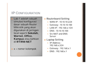IP CONFIGURATION
   Lab-1 adalah sebuah         Routerboard Setting
    simulasi konfigurasi            WAN IP : 10.10.10.x/24
    dasar sebuah Router             Gateway : 10.10.10.100
    Mikrotik yang akan              LAN IP : 192.168.x.1/24
    digunakan di jaringan           DNS : 10.10.10.100
    local seperti Sekolah,          Src-NAT and DNS
    Warnet, Office,                  Server
    Kampus atau bahkan          Laptop Setting
    di RT/RW-NET                    IP Address :
                                     192.168.x.2/24
   x = nomor kelompok              Gateway : 192.168.x.1
                                    DNS : 192.168.x.1
 