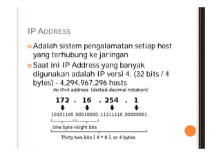 IP ADDRESS
 Adalah   sistem pengalamatan setiap host
  yang terhubung ke jaringan
 Saat ini IP Address yang banyak
  digunakan adalah IP versi 4. (32 bits / 4
  bytes) - 4,294,967,296 hosts
 