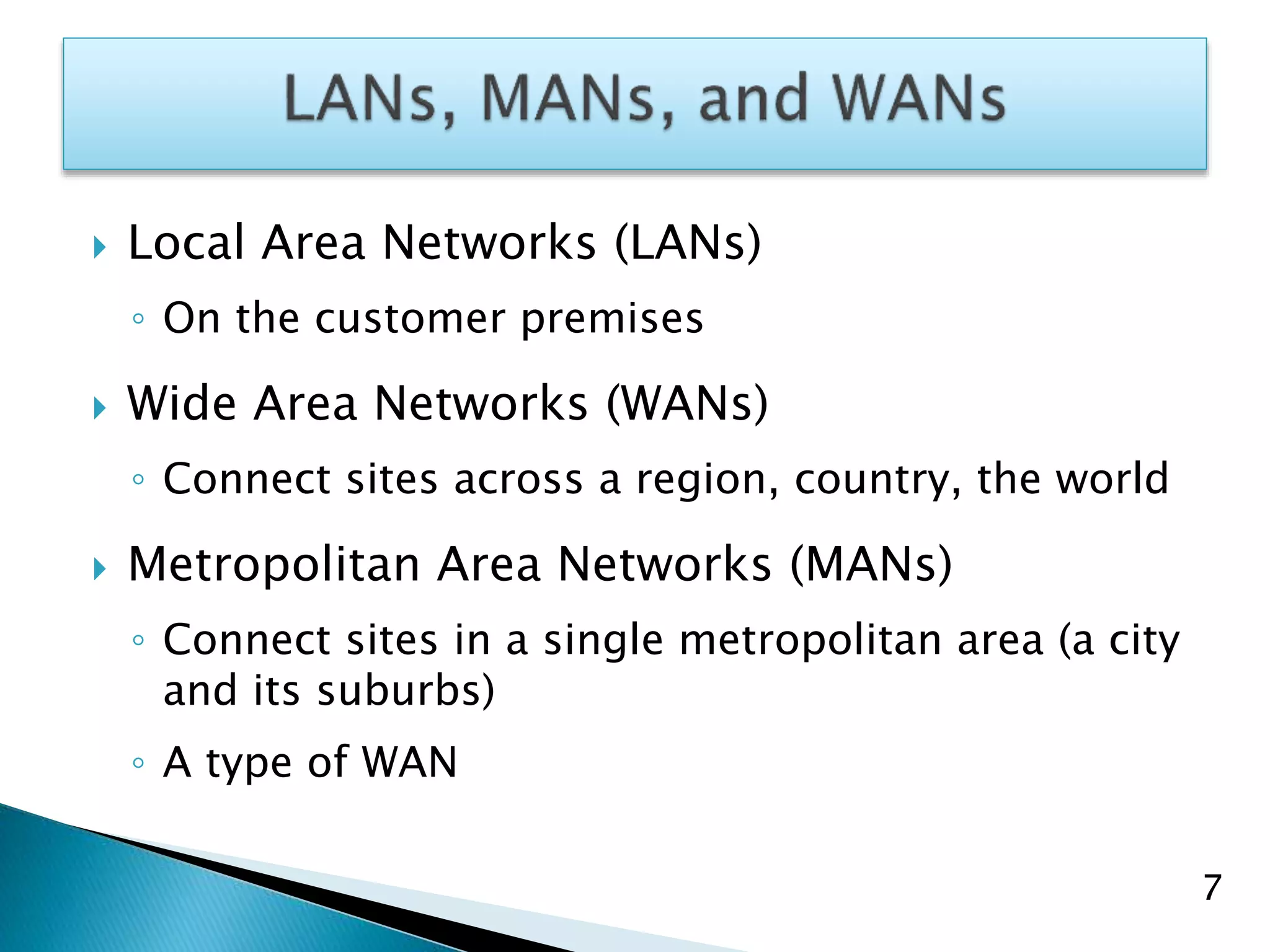  Local Area Networks (LANs)
◦ On the customer premises
 Wide Area Networks (WANs)
◦ Connect sites across a region, country, the world
 Metropolitan Area Networks (MANs)
◦ Connect sites in a single metropolitan area (a city
and its suburbs)
◦ A type of WAN
7
 