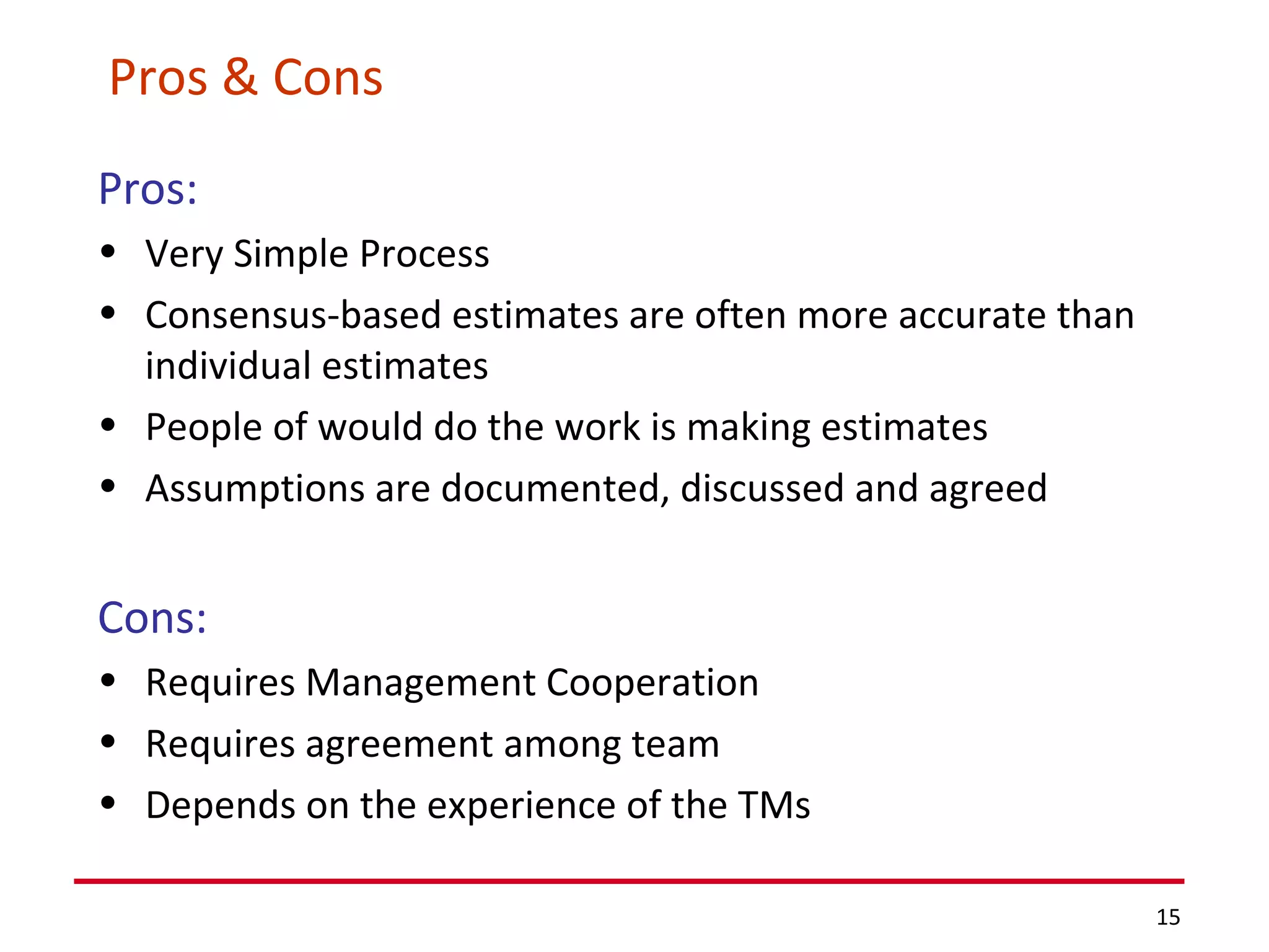 Pros & Cons Pros: Very Simple Process Consensus-based estimates are often more accurate than individual estimates People of would do the work is making estimates Assumptions are documented, discussed and agreed Cons: Requires Management Cooperation Requires agreement among team Depends on the experience of the TMs 